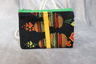 Unbranded Homemade 5X3 Coin Purse Black Burgers Hearts Print Green Zipper