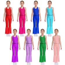 Kids Girls Jumpsuit Bell-Bottom Bodysuit Hip Hop Leotard Shiny Rompers Dance
