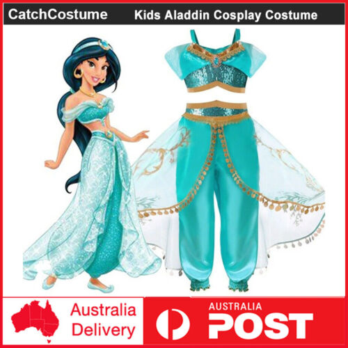 Kids Girls Princess Jasmine Dress Halloween Party Aladdin Cosplay Costume Outfit - Picture 1 of 9