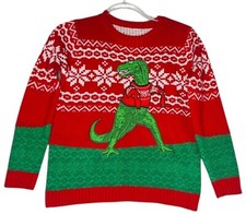 T-Rex Ugly Christmas Sweater Red  Green Fair Isle Acrylic Knit Kids Size L