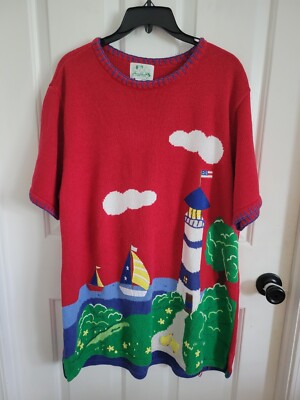 Quacker Factory Women's Red Sweater Sailboat Lighthouse Ducks Coastal Size 1X