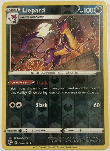 Pokemon - Liepard 091/172 - Reverse Holo Rare - Brilliant Stars - NM/M - New