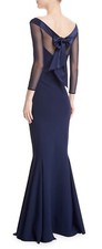 Chiara Boni La Petite Robe Navy Bateau Neck Illusion Bow Back Trumpet Gown Sz. 2