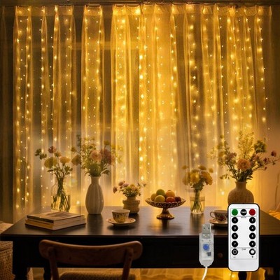 Lichtervorhang mit Fernbedienung,3 x 3m LED Warmweiß 8 Modi Lichterkettenvorhang