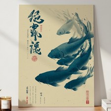 Poster Koi Carpe Blu Cerchio Zen Giappone Ukiyo-e Vintage Minimal A3 29,7x42cm