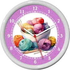 Knitting Wall Clock Hobby Knit Needlework Sewing Room Yarn Wool Handwork 0825