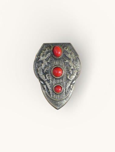 Vintage/antique dress clip Asian style dragons faux coral stamped brass
