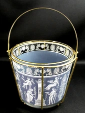 Jeannette Grecian Wedgwood Blue Jasperware Glass Ice Bucket w/ Basket Grecian