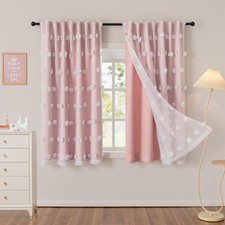 Pink Curtains for Girls Bedroom Nursery Curtain Double Layer White Pom Pom Sh...