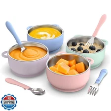 Bakpoco Suction Toddler Bowls and Feeding Utensils Set, 2-in-1 Stainless Stee