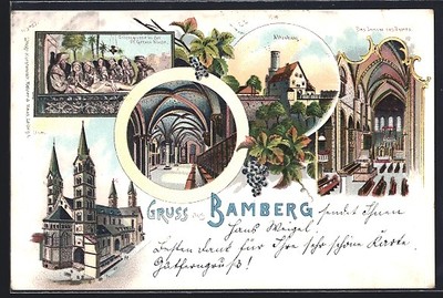 Lithographie Bamberg, Dom, Michaelskirche, Altenburg, Innenansicht des Doms 190 