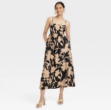 NWT A New Day Floral Midi Dress w/ Pockets Black Tan Beige XS