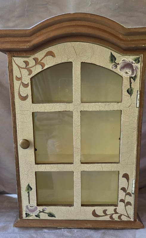 Handpainted Vintage Glass & Wood Three Shelf Curio Cabinet Wall Mounted Display