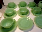 Vintage JADEITE Green Fire King ALICE Pattern CUPS (7) and SAUCERS (9) =16pcs