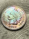 1909 Indian Head Penny Cent ~ Borderline Red & Blue Hue Lustrous AU++ Toned