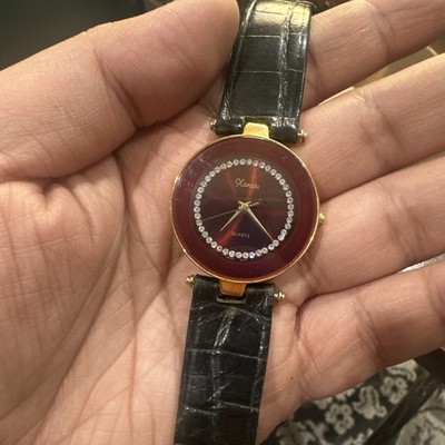 Working Xanadu Ladies Watch Black Leather  Gold Tone Red Crystal Face 31mm 7.5 