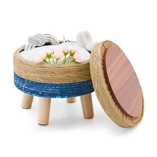 Storage Ottoman Poufs Handwoven Footstool Natural Seagrass Round Footrest Sto...