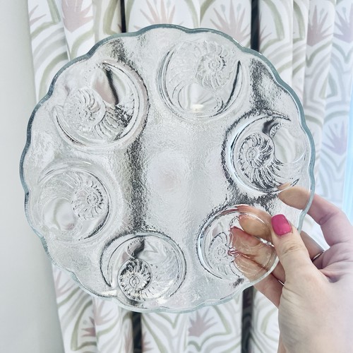 4 Vtg Clear Pressed Glass Oyster Plates Seashell Coastal Beach Escargot Seafood - Picture 5 of 5