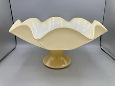 MCM Yellow Ombre Cased Art Glass Pedestal Centerpiece Bowl Wavy Rim 14" Wide