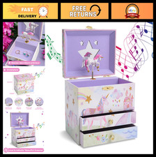Enchanting Unicorn Musical Jewelry Box for Girls - Rainbow Design, 2 Drawers, Pl