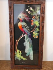 Vtg Mexico Feathercraft Bird Art Handpainted & Handcarved Cedar Frame Folk Art