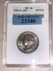 1956-D Washington Silver Quarter 25c ANACS MS 66. Light Chocolaty Mottled Toning