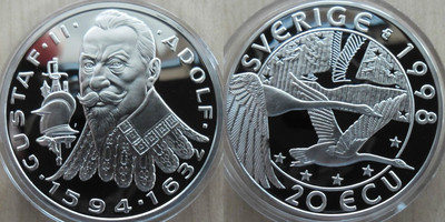 1998 Sweden Large Proof Silver 20 Ecu King Gustaf II Adolf / Geese