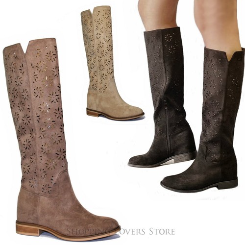 SCARPE donna STIVALI Scamosciati Traforato Stivaletti Zeppa Interna 7 Cm  Zip D64 | eBay