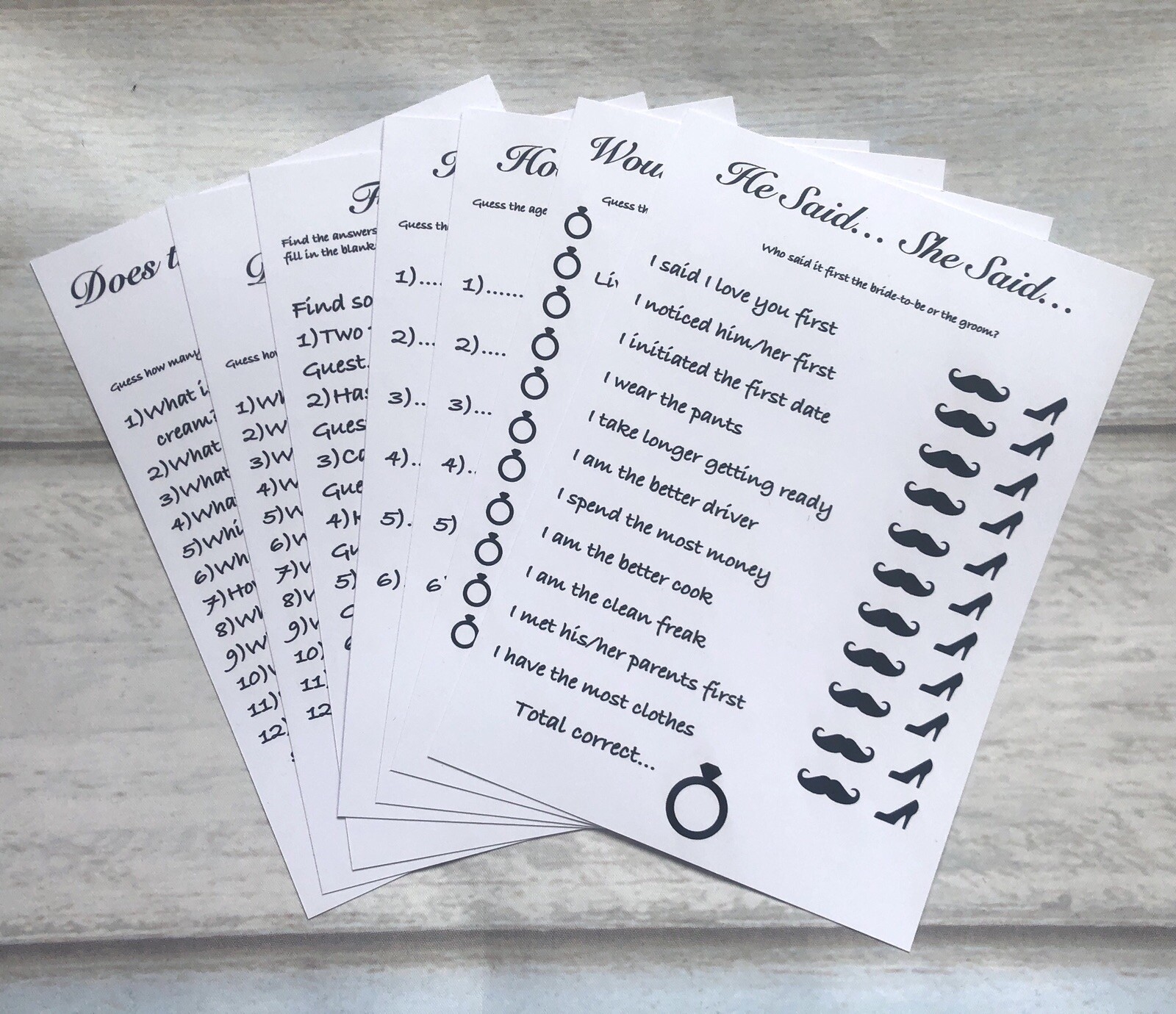Wedding Table Ice Breaker Games Pack Of 7 Different Cards Bride/Groom