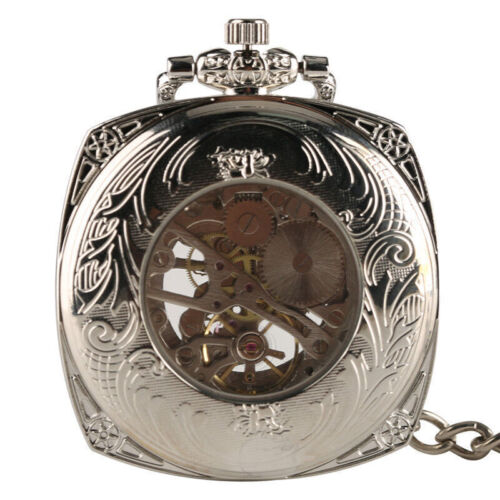 Silver Hand Winding Mechanical Pocket Watch for Men Women Skeleton Roman Number - Picture 2 of 12