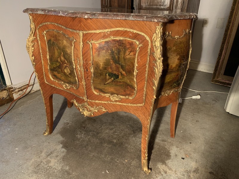 Antique French Hand Painted Vernis Martin Kingwood Gilded Bronze Marble Commode 