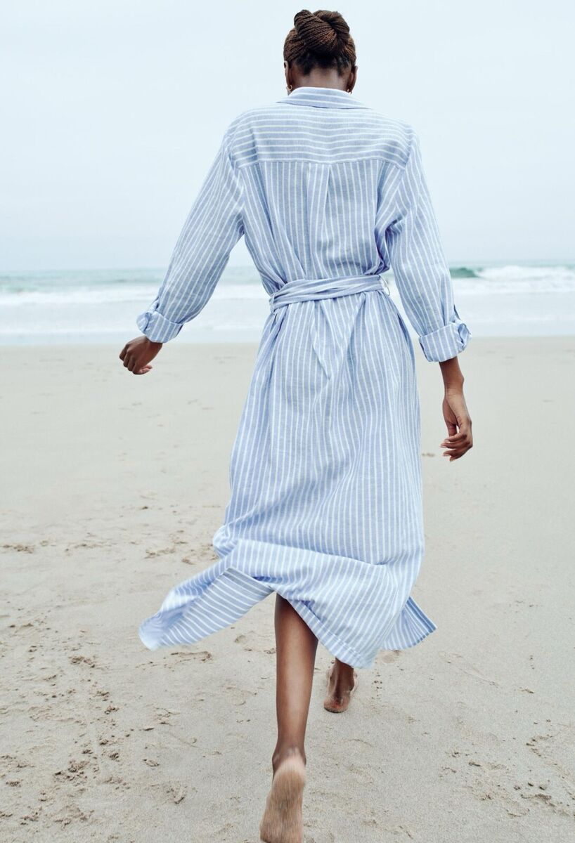 ZARA XS, S, M, L, LINEN BLEND BLUE WHITE SHIRT DRESS WITH ZARA XS, S, M, L, LINEN BLEND BLUE WHITE SHIRT DRESS WITH