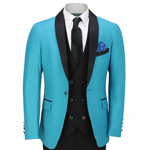 Mens 3 Piece Tuxedo Suit Wedding Party Tailored Fit Turquoise Blue Dinner Jacket
