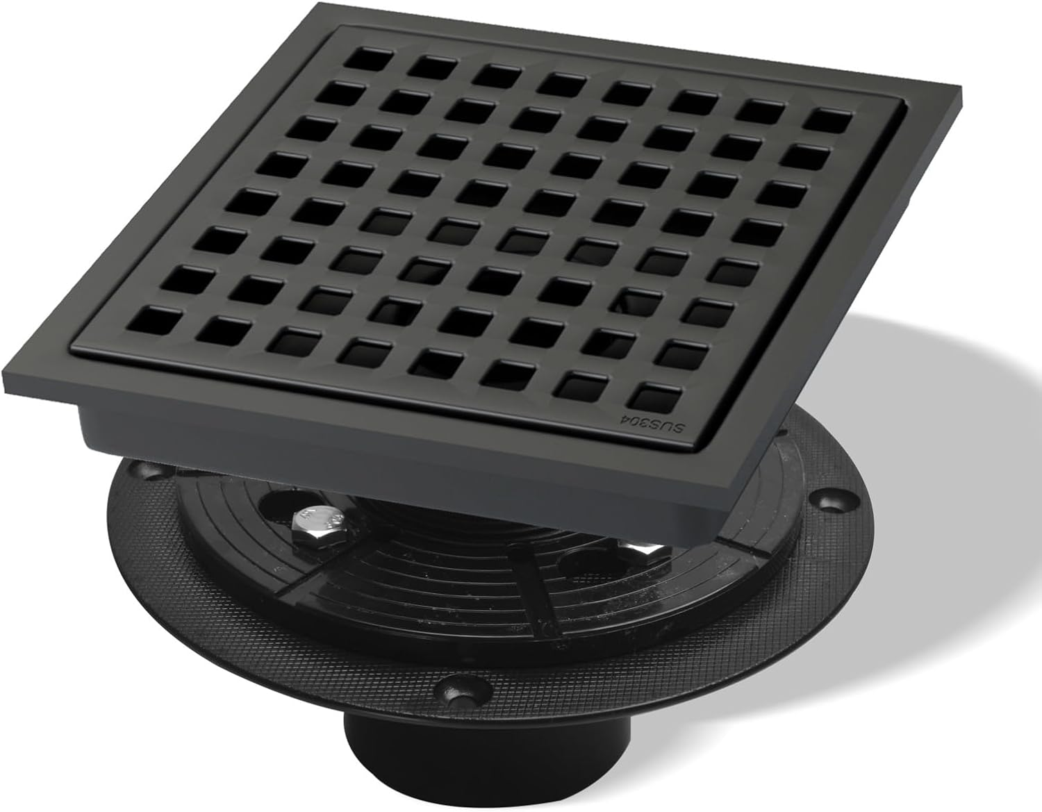 6 Inch Shower Drain Matte Black Floor Removable Quadrato Pattern Grate Sus304