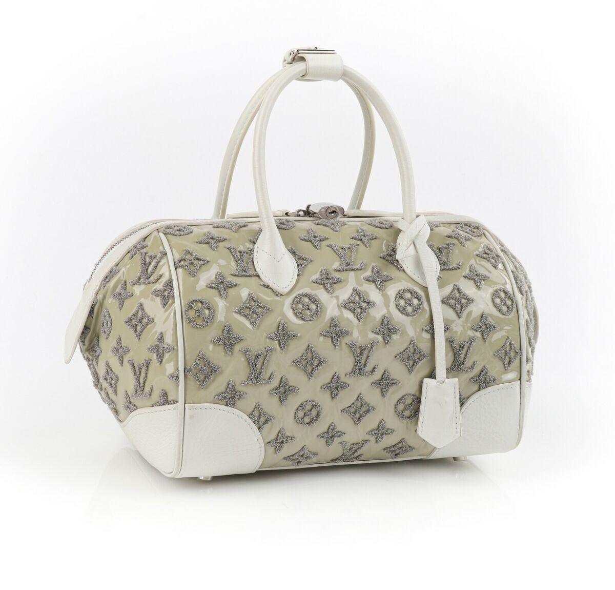 LOUIS VUITTON S/S 2012 Taupe White Boucle Knit Monogram “Speedy Round”  Handbag