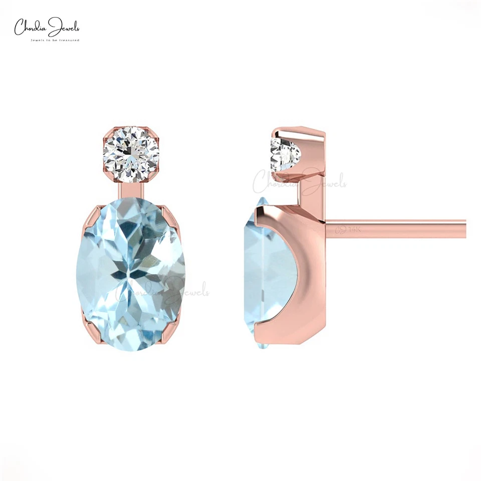 Natural Aquamarine Oval Stud Earrings with Diamond Accents in 14k Solid Gold - Image 2 of 4