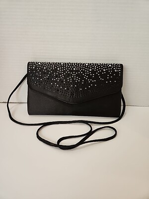 Fioni Night blk satin clutch beaded snap evening bag purse shoulder  👛