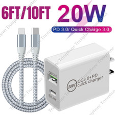 For iPhone 14 13 12 11 Pro XR PD Fast Charger Cord 20W USB-C Power Adapter Block