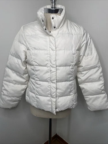 OFF WHITE Eddie Bauer piumino d'oca puffer cappotto giacca donna L bianco sporco zip tasche a scatto