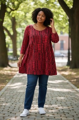 JM Collection 3X Plus Red Black Abstract Tunic Top 3/4 Sleeve NWT 