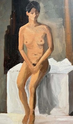 ARTIST UNKNOWN AUSTRALIAN UNSIGNED OIL ''SEATED FEMALE STUDIO MODEL NUDE'' 1990