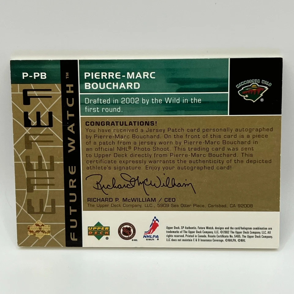 2002-03 SP Authentic Future Watch Auto Jersey Patch PM Bouchard #PB /100 - Image 2 of 2