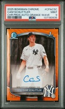 2025 Bowman Chrome Cam Schlittler 1st Prospects Orange Wave Auto /25 PSA 9