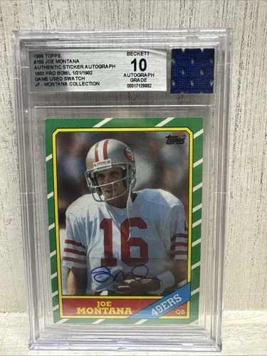 1986 Topps Joe Montana #156 Auto + 1982 GU Swatch / Jersey Fusion Beckett 10Auto