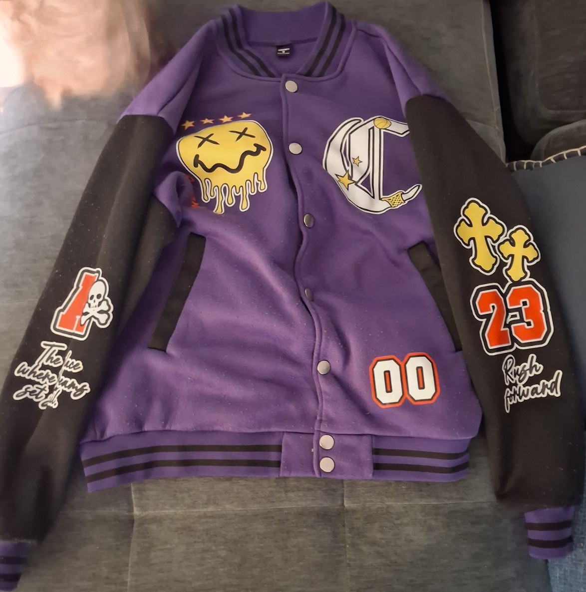 Men's Purple Black Varsity Jacket with Embroidered Graphic P