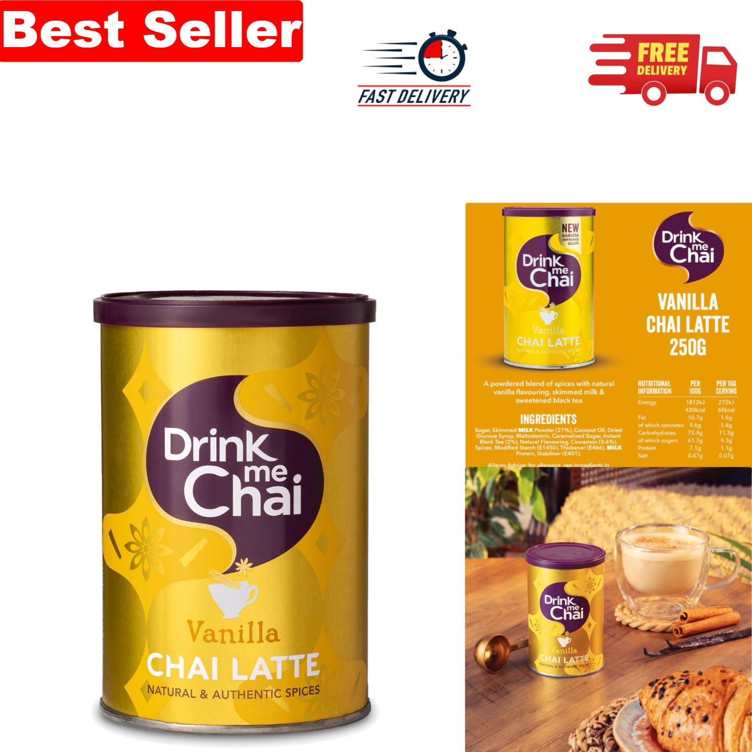250g Vanilla Chai Latte Powder - Delicious High Caffeine Blend for Cozy Moments