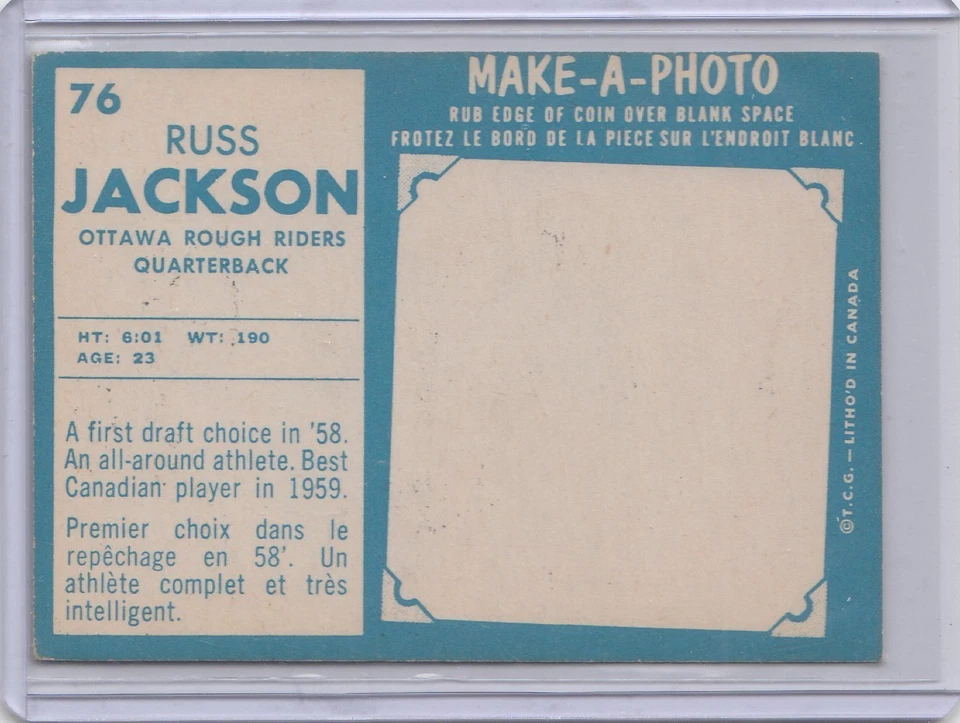 1961 Topps CFL #76 Russ Jackson Ex-Mint + Set Break - Photo 2/2