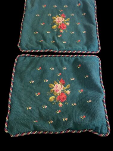 Vintage Needlepoint Pillow Covers Shams Green Floral GORGEOUS Plaid Back 17x20" - Picture 3 of 10