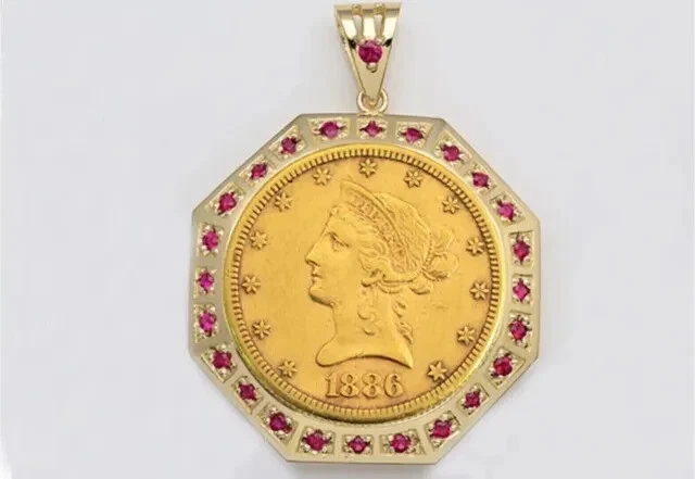 Liberty Coin 2.50Ct Round Lab-Created Ruby Pendant 14K Yellow Gold Plated Silver - Image 3 of 4