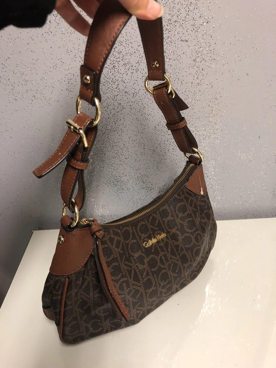 CALVIN KLEIN BROWN LEATHER HAND BAG W/ GOLD HARDWARE RN54163